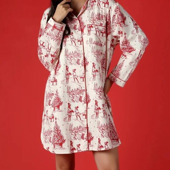 Mahogany Red and White Holiday Print Nightshirt - Picture 1 of 5